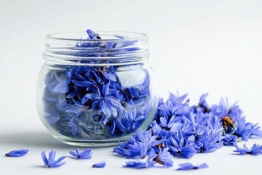 Stock images of dried organic blue cornflower petals in glass jars herbal tea ingredients and lifestyle shots on a white background