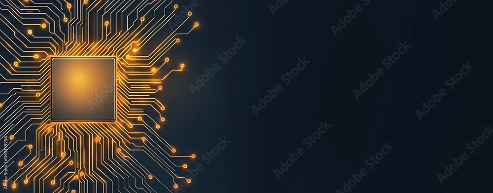 Poster a close-up of a computer chip with glowing circuits on a dark background, illustrating technology an