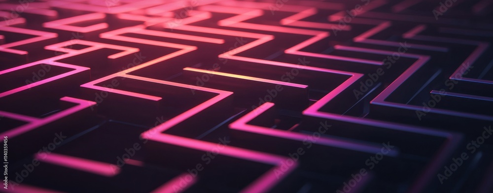 Poster a vibrant, neon maze pattern with intricate pathways illuminated in pink and purple hues, creating a