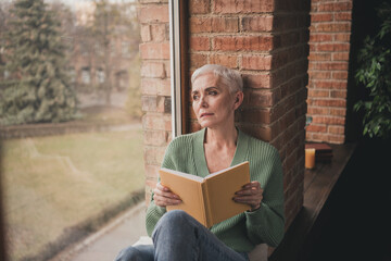 Elderly woman enjoys a peaceful reading moment by the window in a cozy living space