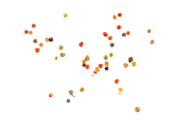 A mix of black, green, white, and pink peppercorns, a pile of aromatic dried spice, ideal as a...