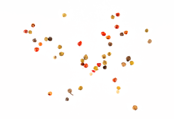A mix of black, green, white, and pink peppercorns, a pile of aromatic dried spice, ideal as a cooking ingredient, isolated graphic element on a transparent background