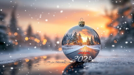 Naklejka premium glass Christmas ornament reflecting a winter landscape