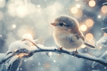 A Fluffy Little Bird Perched On A Snowy Branch
