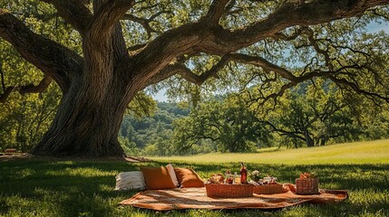 Picnic Blanket Underneath a Sprawling Oak Tree