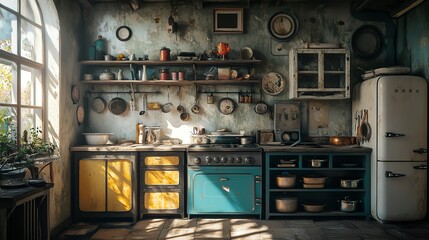 Charming vintage kitchen interior with colorful decor.
