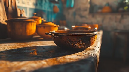 Rustic kitchen with clay bowls on a weathered table.