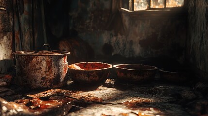 Old cookware with remnants of food and stains.