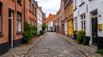 Fototapeta premium Charming Cobblestone Street in a Historic European Town with Rustic Brick Houses