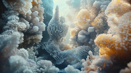 Vibrant underwater coral formation with light rays.