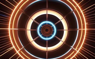 A glowing progress wheel, rotating with light beams extending outward from its core