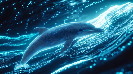 A dolphin swimming in glowing blue waters.