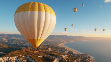 Obraz premium Dawn hot air balloon ride over cliffside scenic view adventure in nature captivating aerial experience