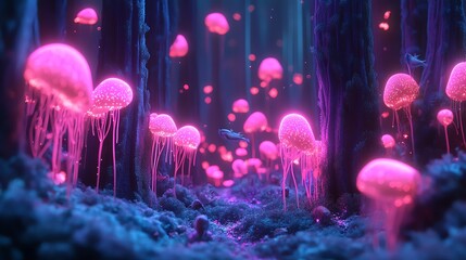 A glowing underwater scene with jellyfish.