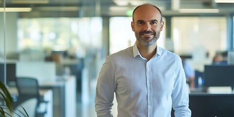 Fototapeta premium Portrait of a male HR manager standing proudly in a corporate office, ready to assist employees and create a positive work culture, smiling, portrait shot, standing,