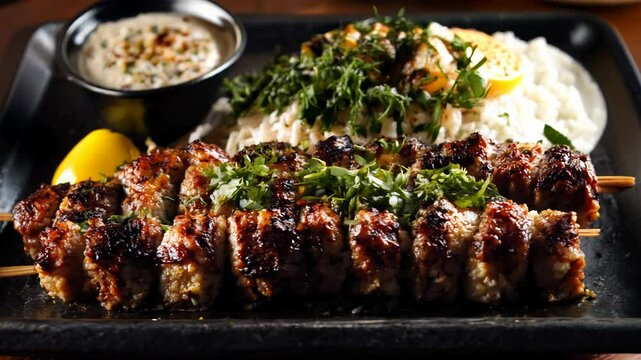 A platter of kebabs, marinated and grilled to perfection, served with a side of garlic sauce and fresh herbs. Ramadan food