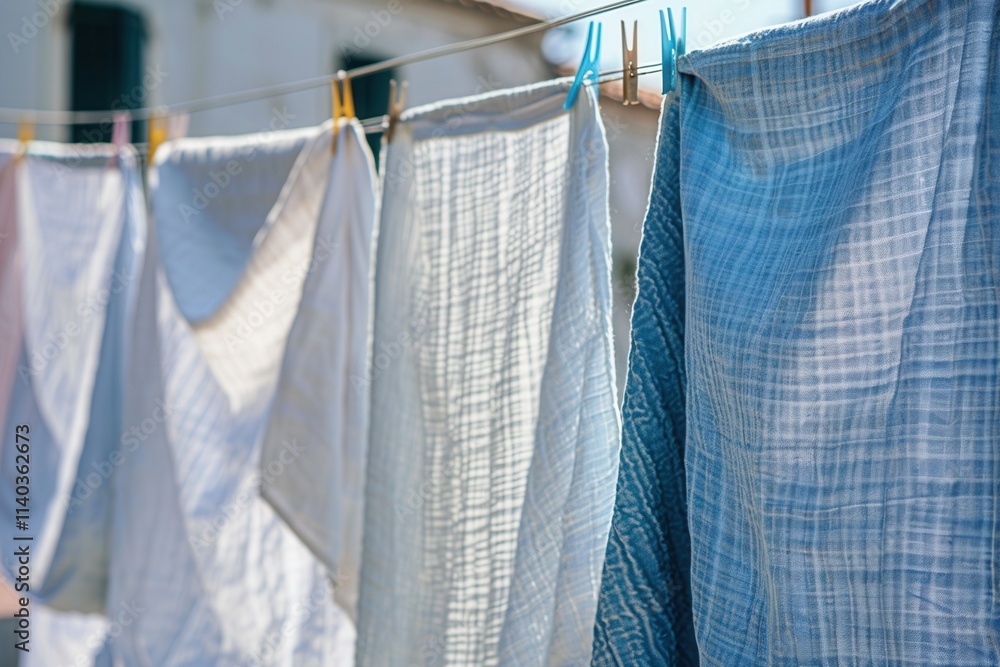 Aufkleber freshly washed linen hanging in the sunlight on a clothesline in an outdoor setting near a building.
