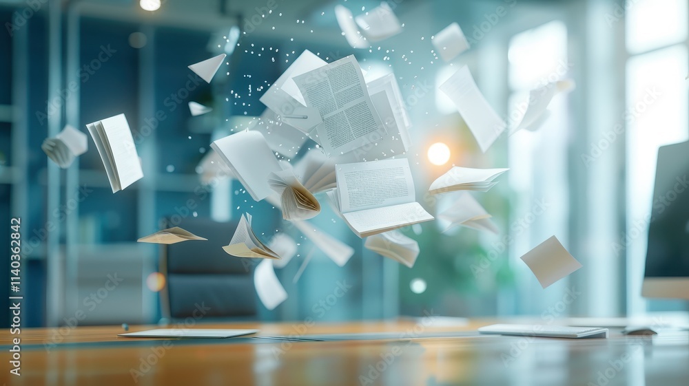 Poster a dynamic scene showing floating pages in a modern office environment, suggesting creativity, produc
