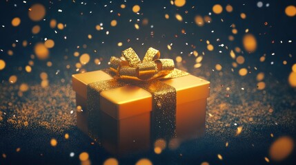 gift box with golden glow and flying particles. Graphic element for sale or holiday. 