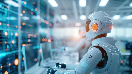 A futuristic robot monitors data in a high-tech environment filled with glowing screens and digital displays.