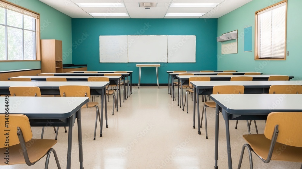 Poster empty modern classroom with clean whiteboard and desks prepared for lesson or lecture