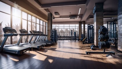 A photostock of a modern gym with neatly arranged weights and workout machines, dumball