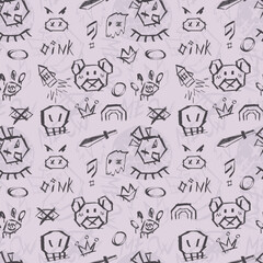 Obraz premium Seamless graffiti-style pattern with marker creepy elements of evil beasts and faces, futuristic and cyberpunk vibes on a gray background.Industrial elements, dynamic and aggressive aesthetics