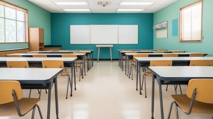 Empty Modern Classroom with Clean Whiteboard and Desks Prepared for Lesson or Lecture