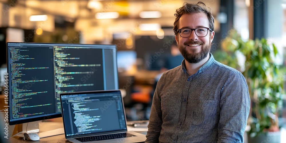 Poster canadian male software engineer coding on a laptop in a tech startup office, smiling confidently wit