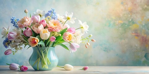 Soft pastel bouquet, spring flowers, vase, light background, asymmetrical