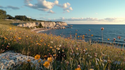 Breezy cliffside wildflower meadow coastal landscape nature serene evening vibrant colors scenic view