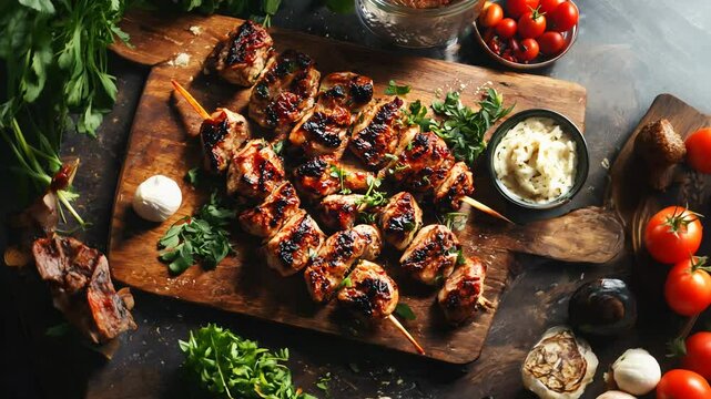 A platter of kebabs, marinated and grilled to perfection, served with a side of garlic sauce and fresh herbs. Ramadan food