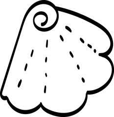 Stylized drawing of a rolled-up scroll or parchment. The scroll has a spiral at the top left corner and three rounded edges at the bottom. There are dashed lines and dots emanating from the spiral, su