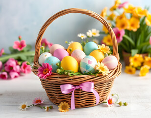 Easter eggs in wicker basket.