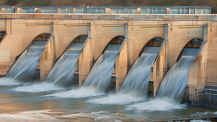 Modern hydro dam gates with cascading water splashes