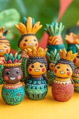 Handcrafted figurines representing Brazilian culture feature vibrant colors and intricate designs, showcasing artistic traditions in a lively arrangement