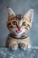 Obraz premium Cute kitten with big eyes and playful expression on a gray background