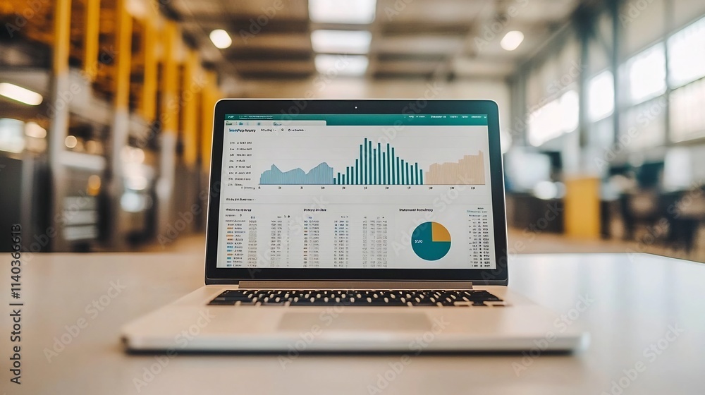 Poster laptop displaying digital marketing analytics dashboard in professional office setting