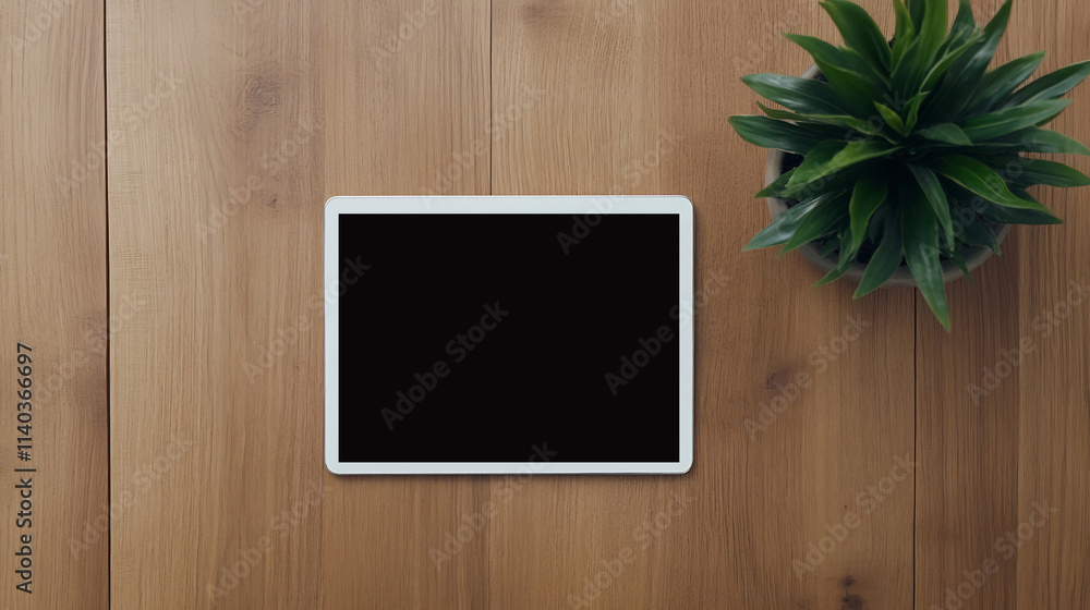 Poster digital tablet displaying business graphs and data on wooden desk