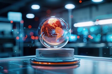 A futuristic globe displaying a digital world map, illuminated with red lights, set on a high-tech platform in a modern lab environment.
