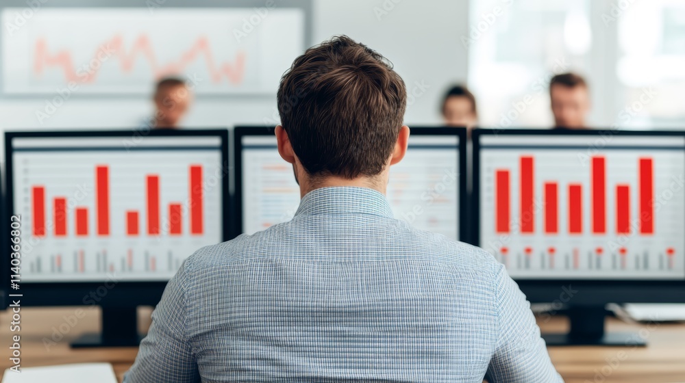Aufkleber man immersed in work or gaming, surrounded by multiple monitors at a modern desk setup, showcasing p