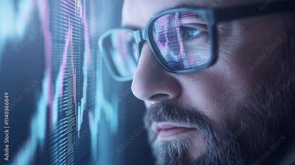 Poster man with glasses engrossed in work at computer screen, focused concentration in modern office settin