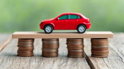 Red car on a mountain of coins, symbolizing financial success, investment, and wealth management