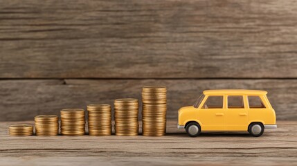 Toy car on a stack of coins, visual representation of saving, investment, and financial planning