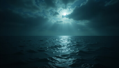 Mystical ocean depths bathed in silver moonlight under a dramatic sky filled with swirling clouds