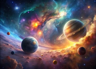 Double Exposure Solar System: Cosmic Nebula & Planets,  Space Photography, Celestial Art, Galaxy, Astronomy, Universe