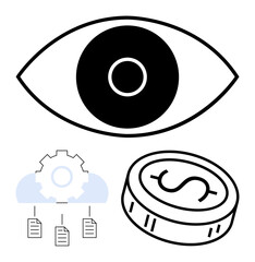 Eye symbol, dollar coin, gear with cloud storage and documents. Ideal for finance, security, vision, data management, investment cloud technology digital economy. Line metaphor