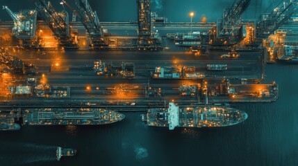 Fototapeta premium Shipyard activities take place in busy port with illuminated containers and vessels at night