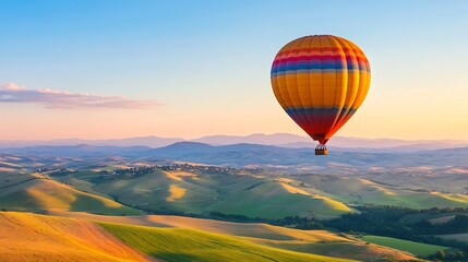 Obraz premium Vibrant Hot Air Balloon Soaring Over Serene Rolling Hills at Sunrise