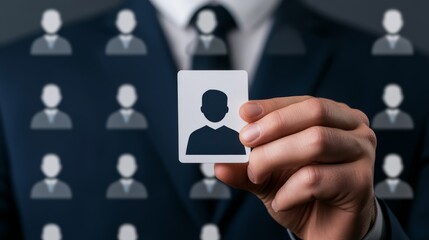 Businessman in a suit holding business card, professional networking and contact exchange